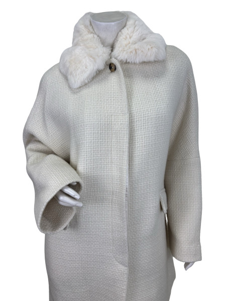 FRANK NAMANI Cream Wool Jacket with Chinchilla Fur Collar