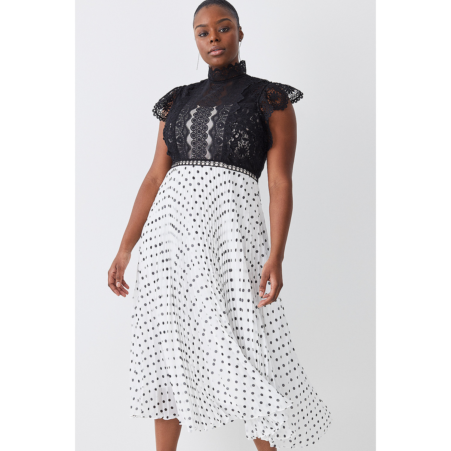 Karen Millen Plus Size Guipure Lace Dot Pleated Skirt Midi Dress