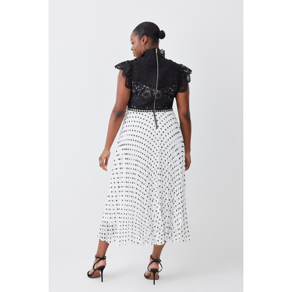 Karen Millen Plus Size Guipure Lace Dot Pleated Skirt Midi Dress