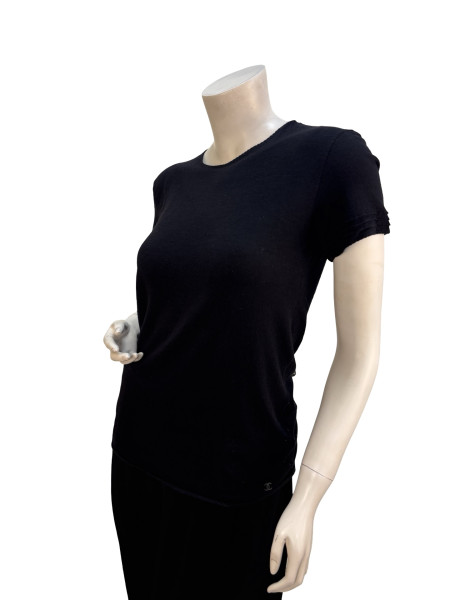 CHANEL Plain Black T-Shirt with Layered Sleeves