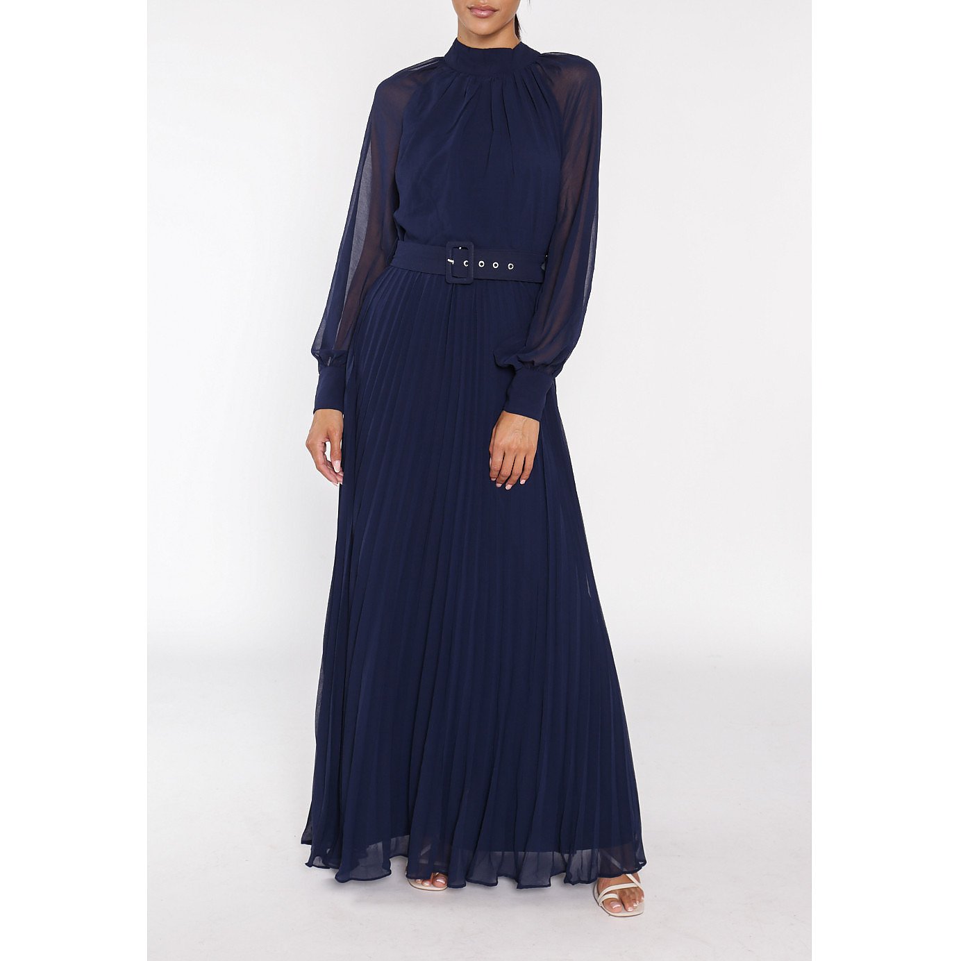 True Decadence Belted Pleated Long Sleeve Maxi Dress