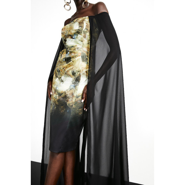 Karen Millen Weston Abstract Crystal Print Midi Cape Dress