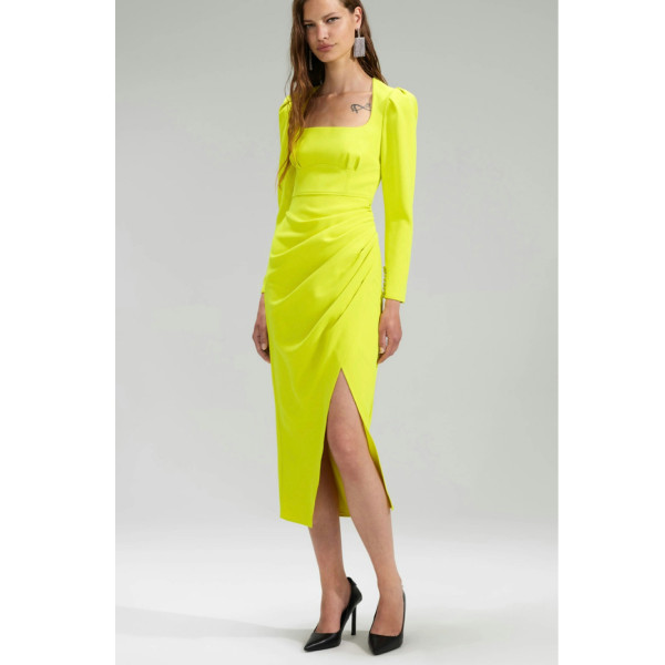 Self-Portrait Neon Crepe Ruched Midi Dress
