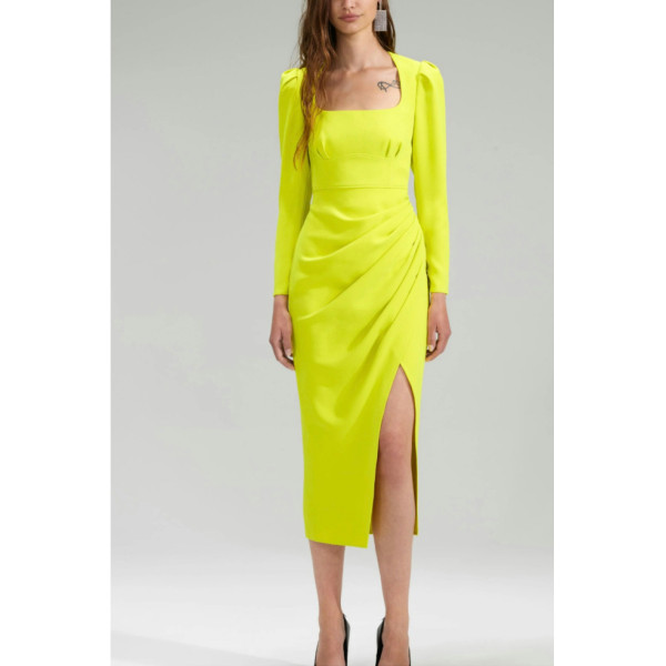 Self-Portrait Neon Crepe Ruched Midi Dress