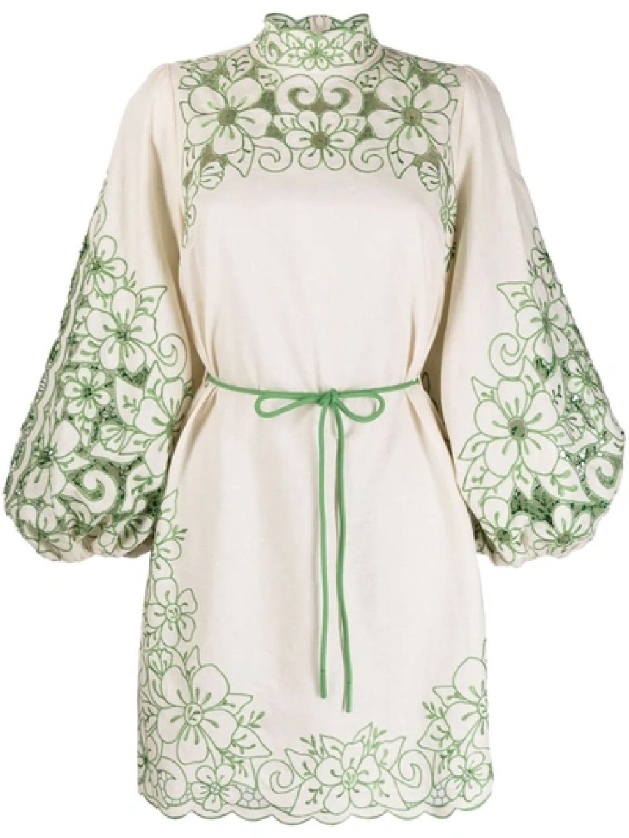 ZIMMERMANN Teddy Floral-embroidered Linen-blend Mini Dress - Green