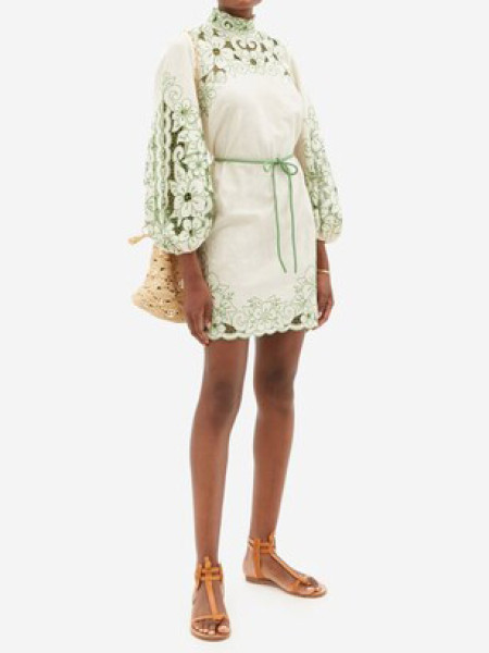 ZIMMERMANN Teddy Floral-embroidered Linen-blend Mini Dress - Green