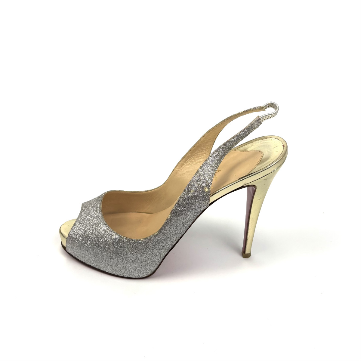 Christian Louboutin Silver Glitter & Gold Slingback Heels