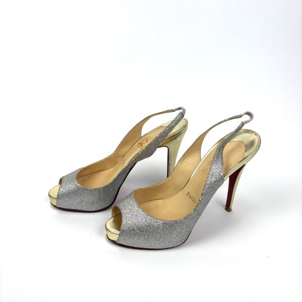 Christian Louboutin Silver Glitter & Gold Slingback Heels