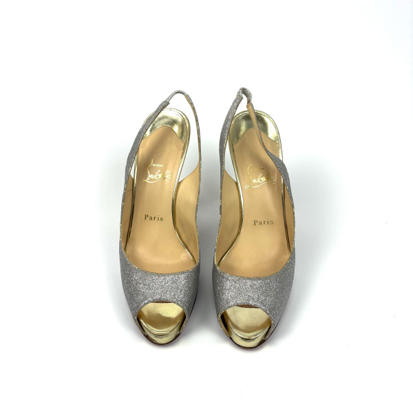 Christian Louboutin Silver Glitter & Gold Slingback Heels