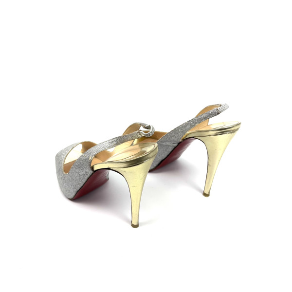 Christian Louboutin Silver Glitter & Gold Slingback Heels