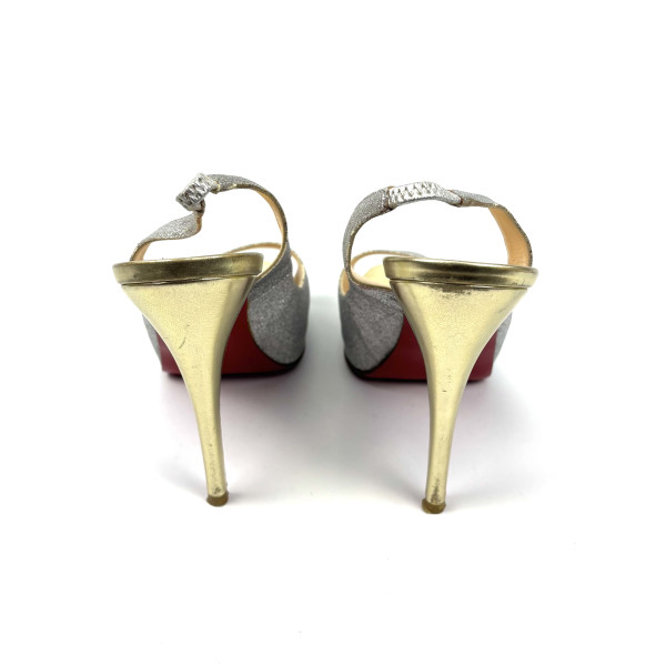Christian Louboutin Silver Glitter & Gold Slingback Heels