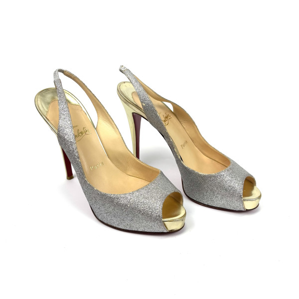 Christian Louboutin Silver Glitter & Gold Slingback Heels