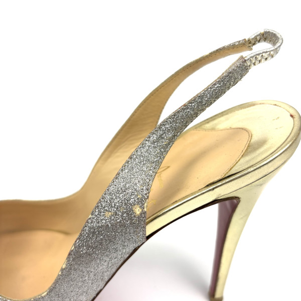 Christian Louboutin Silver Glitter & Gold Slingback Heels