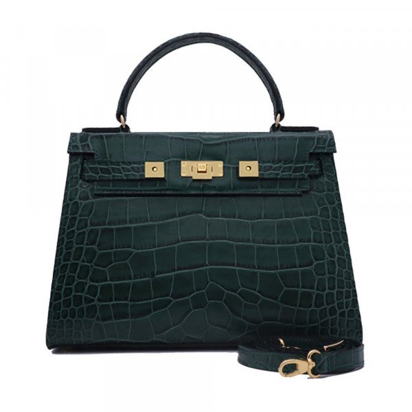 Rent Buy Lalage Beaumont Maya Large Croc Print Leather Handbag Dark Green MY WARDROBE HQ