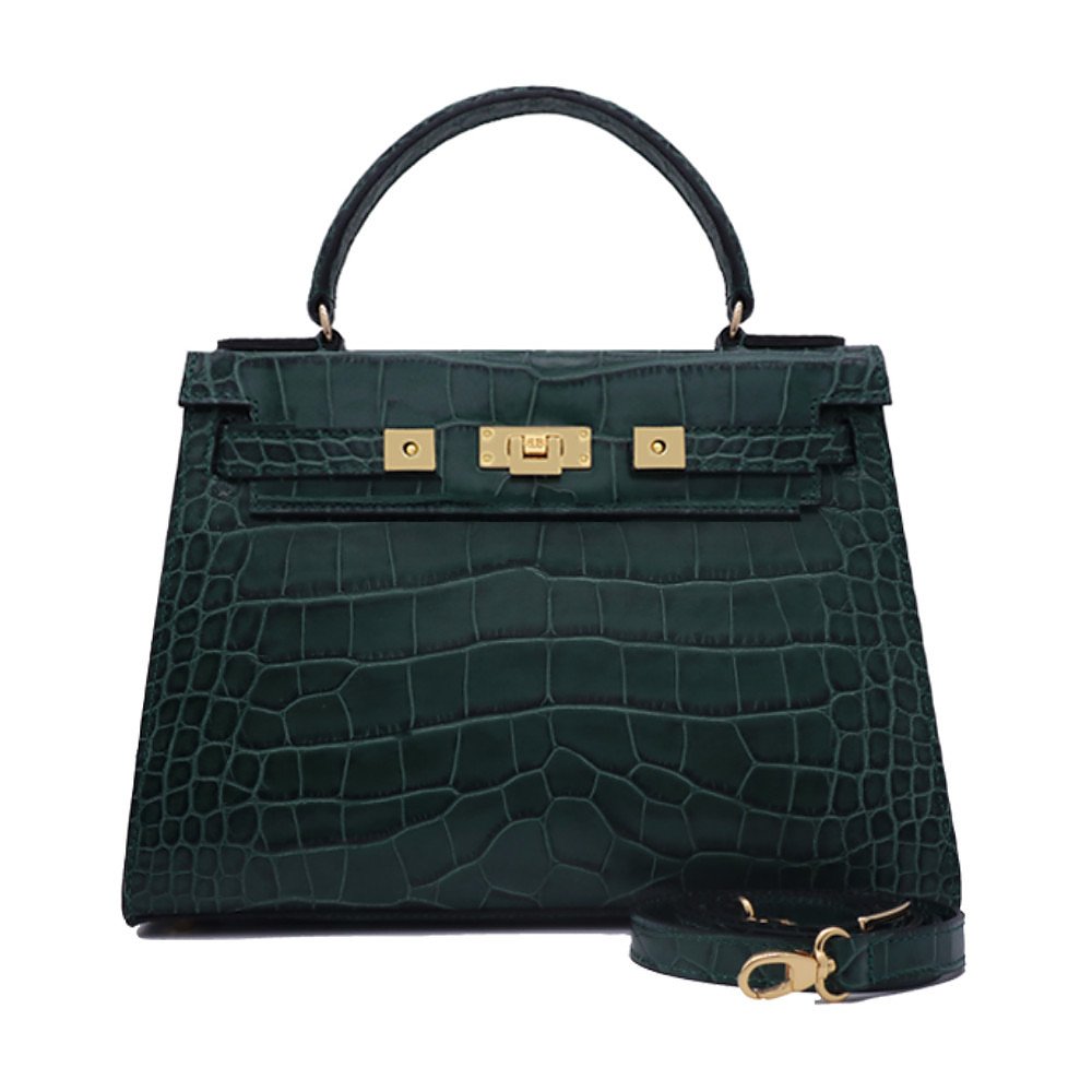 Lalage Beaumont Maya Large 'Croc' Print Leather Handbag - Dark Green