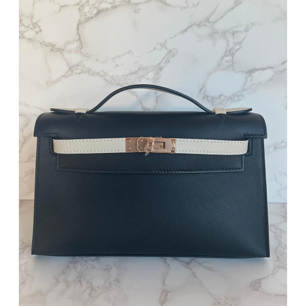 Rent Buy HERMES Mini Kelly Pochette Horseshoe Black Crais Swift With Rose Gold MY WARDROBE HQ