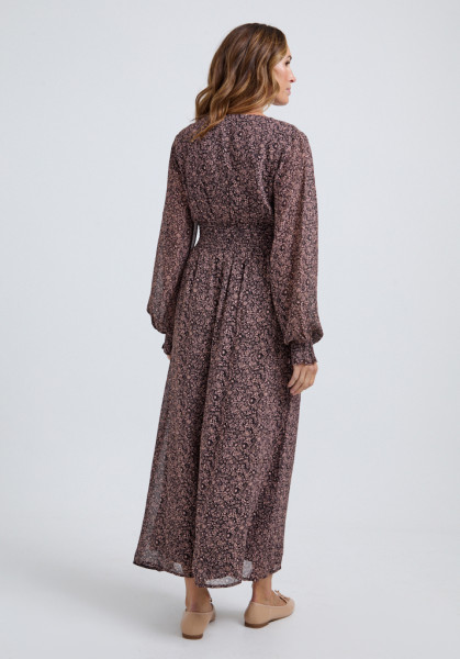 Lily and Lionel Pearl Ruched Waist Harvest Print Midi Dress In Brown