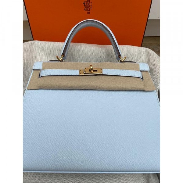 Rent Buy HERMES Kelly 25 Sellier Blue Brume Epsom Gold Hardware 2020 Y MY WARDROBE HQ