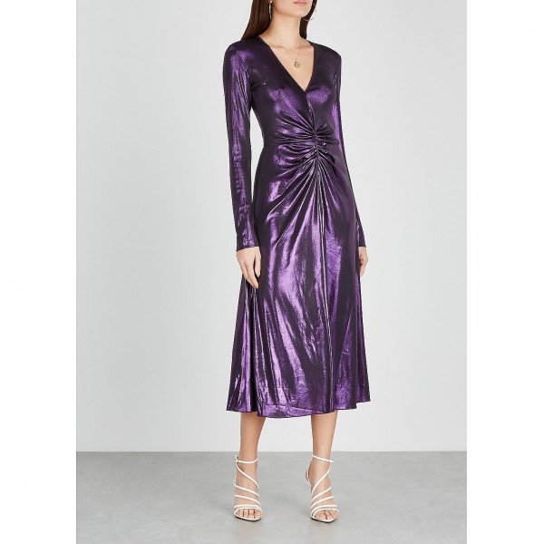 ROTATE Birger Christensen Metallic Ruched Midi Dress