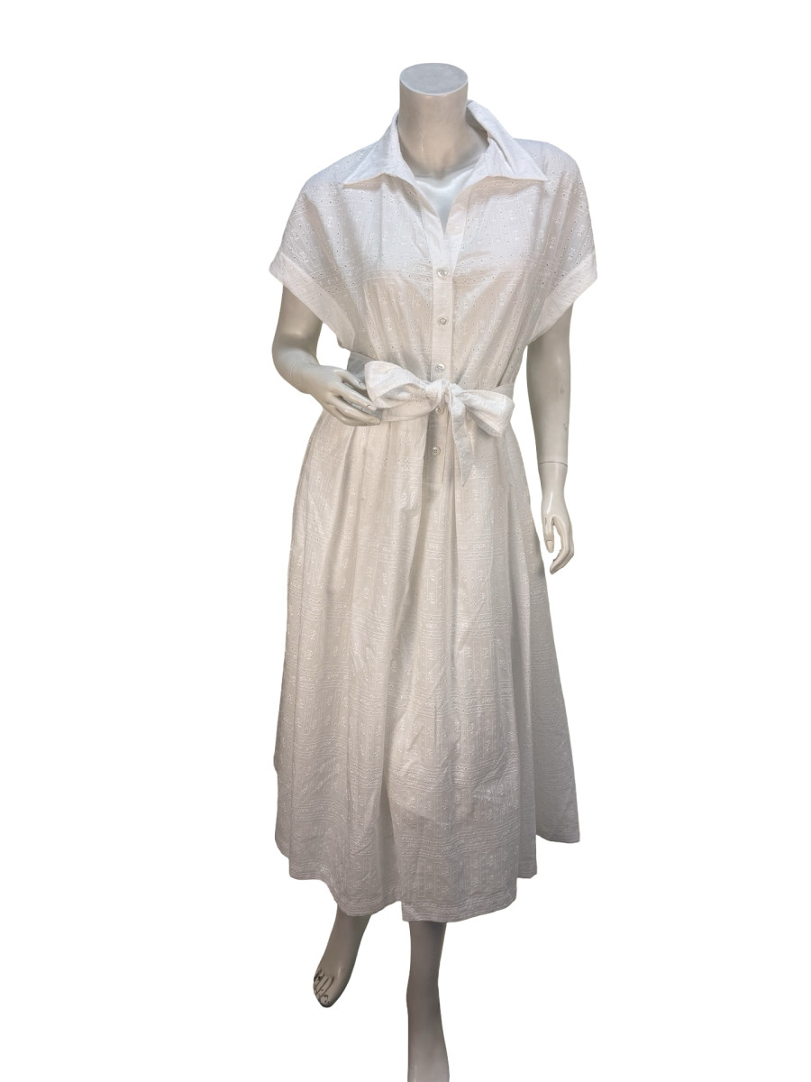 Eleventy White Broderie Anglaise Shirt Dress with Belt