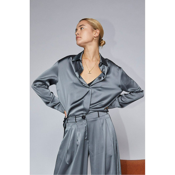 Serena Bute The Boyfriend Shirt - Smoke Pearl Plant Based Satin