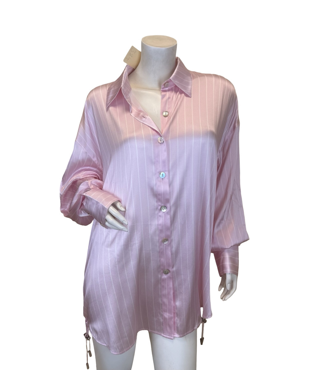 MAX & MOI Oversized Silk Shirt in Pink Stripe