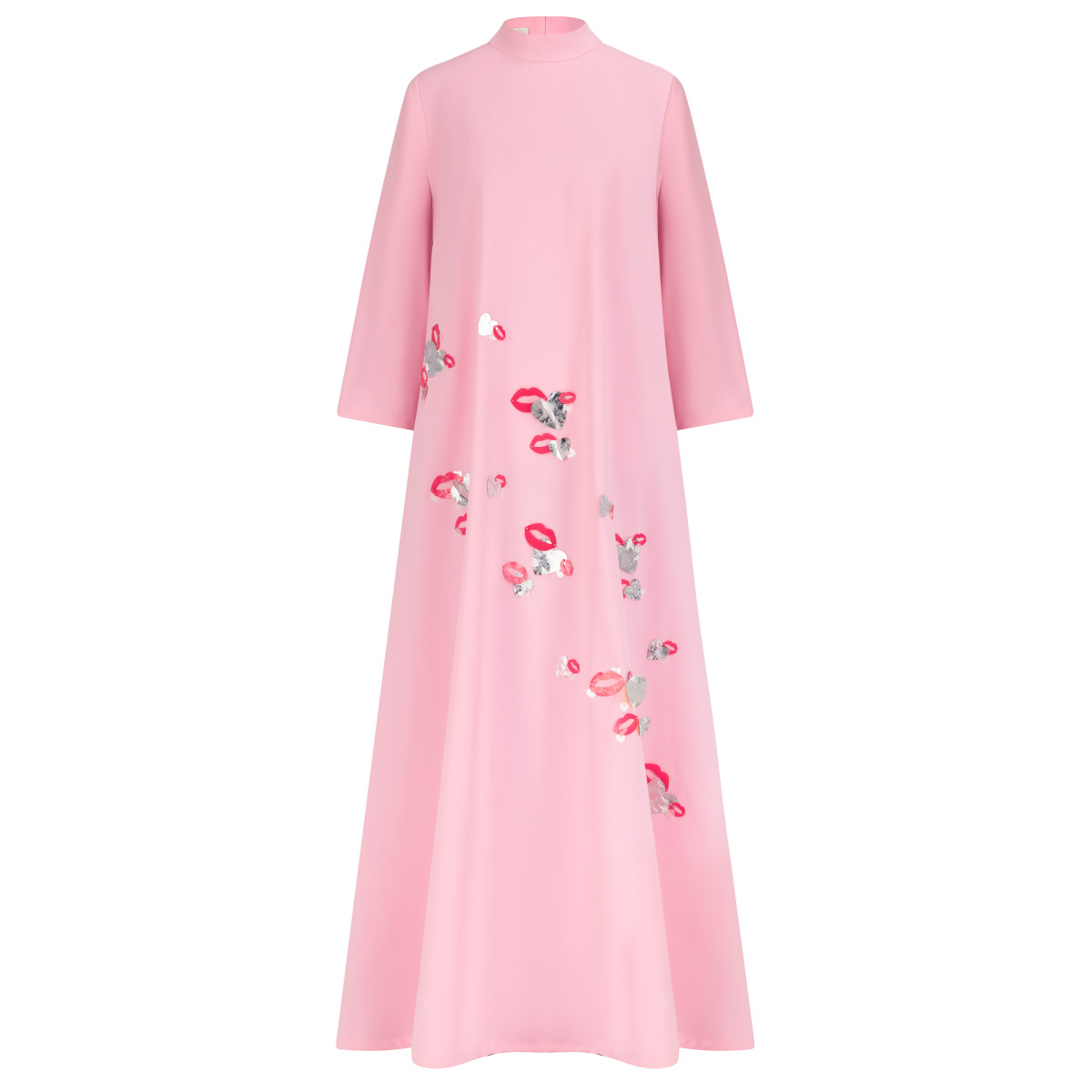 Azzalia Long Sleeve Crepe Dress with 3D Embroidery with High Collar Neck Closed with a Bow