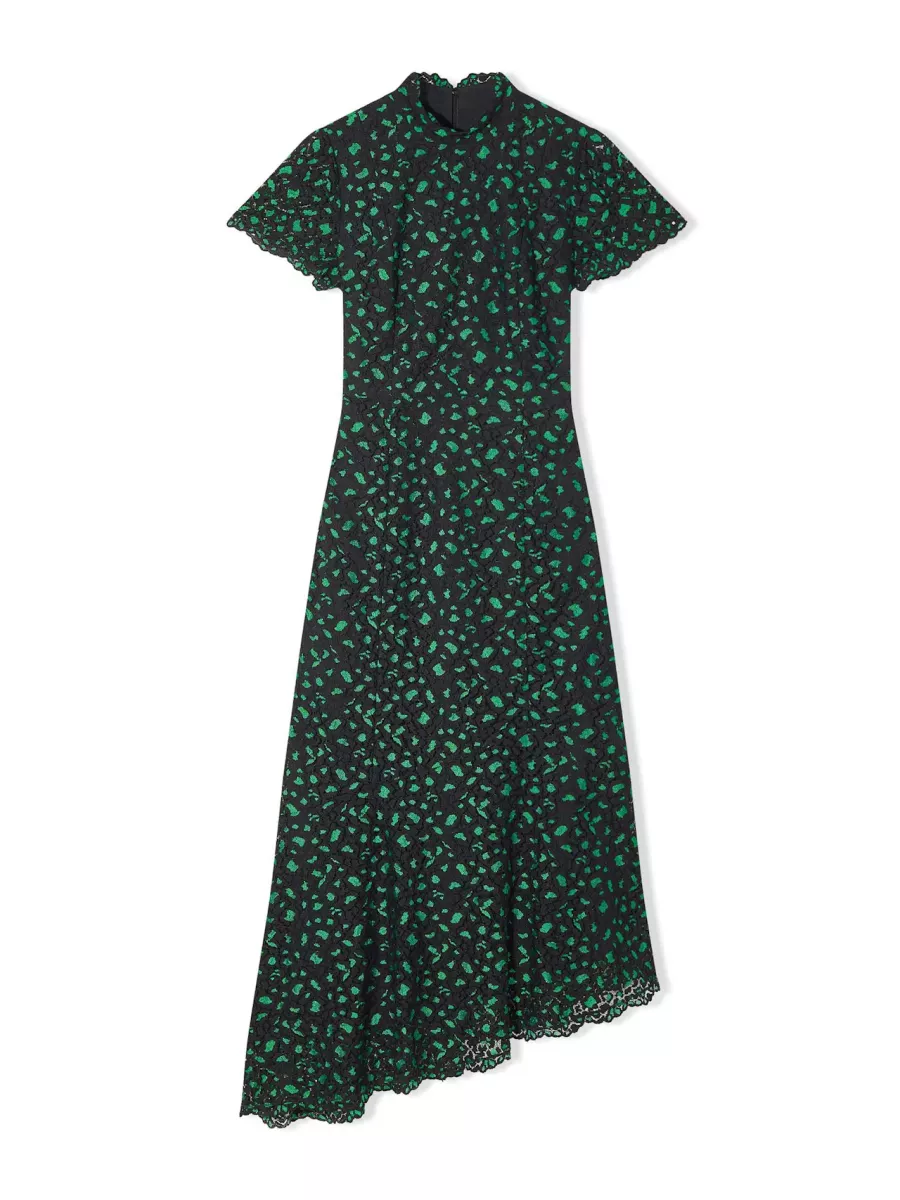 Cefinn Kayla Lace Funnel Neck Asymmetric Dress - Emerald Green/Black