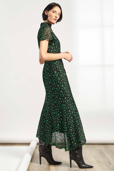 Cefinn Kayla Lace Funnel Neck Asymmetric Dress - Emerald Green/Black