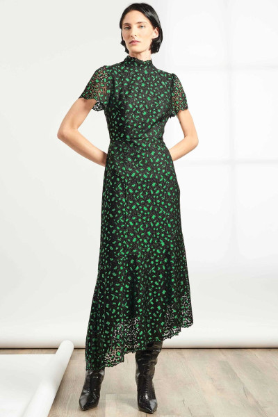 Cefinn Kayla Lace Funnel Neck Asymmetric Dress - Emerald Green/Black