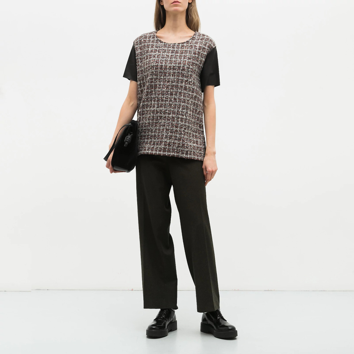 Fendi Tweed & Leather Contrast Sleeve Top