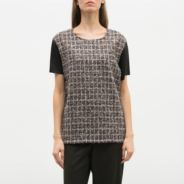 Fendi Tweed & Leather Contrast Sleeve Top