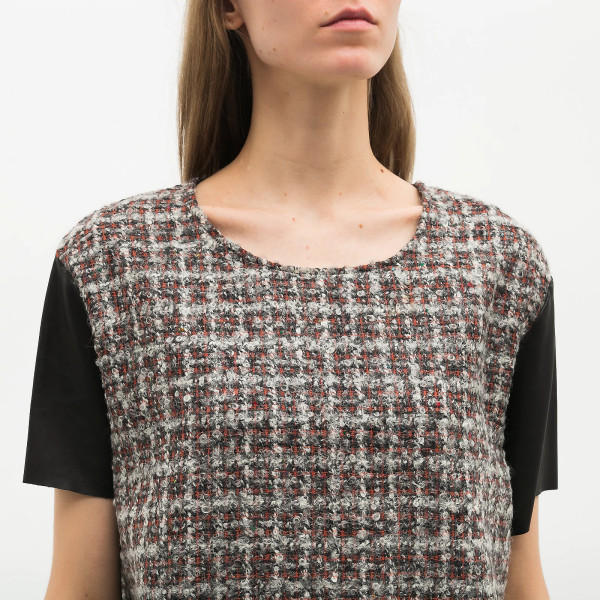 Fendi Tweed & Leather Contrast Sleeve Top
