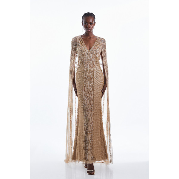 Rent Buy Karen Millen Embellished Woven Maxi Dress With Cape | MY WARDROBE  HQ