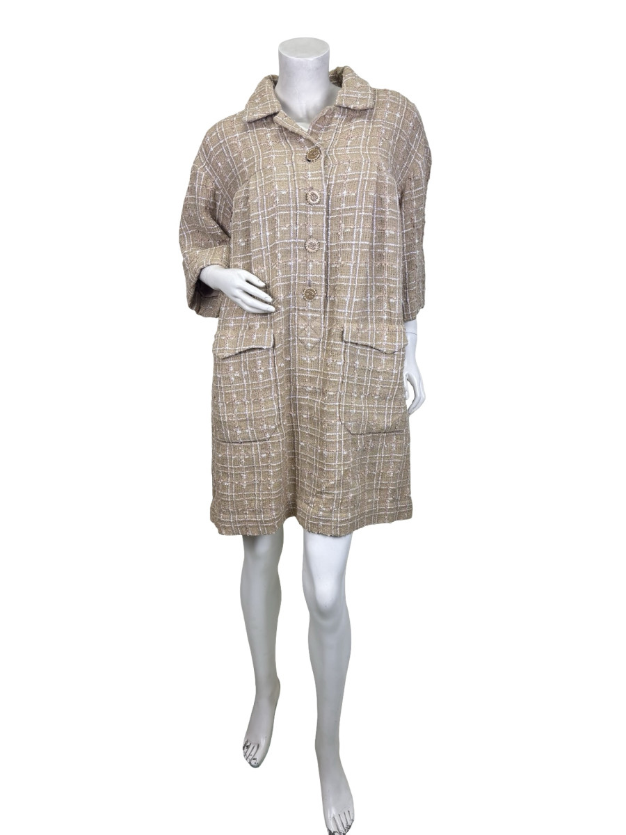 CHANEL Tweed Button Up Midi Dress in Beige