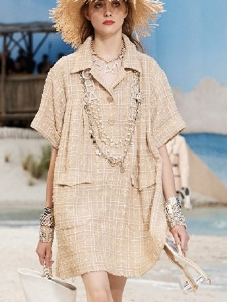 CHANEL Tweed Button Up Midi Dress in Beige