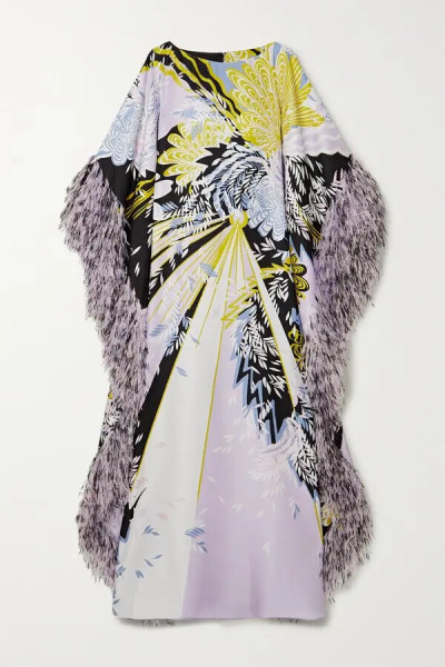 Ralph and Russo Sequin-embellished Feather-trimmed Printed Silk-satin Gown