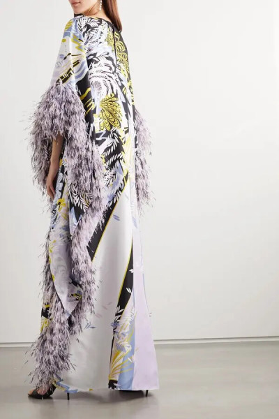 Ralph and Russo Sequin-embellished Feather-trimmed Printed Silk-satin Gown