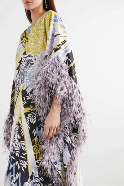 Ralph and Russo Sequin-embellished Feather-trimmed Printed Silk-satin Gown