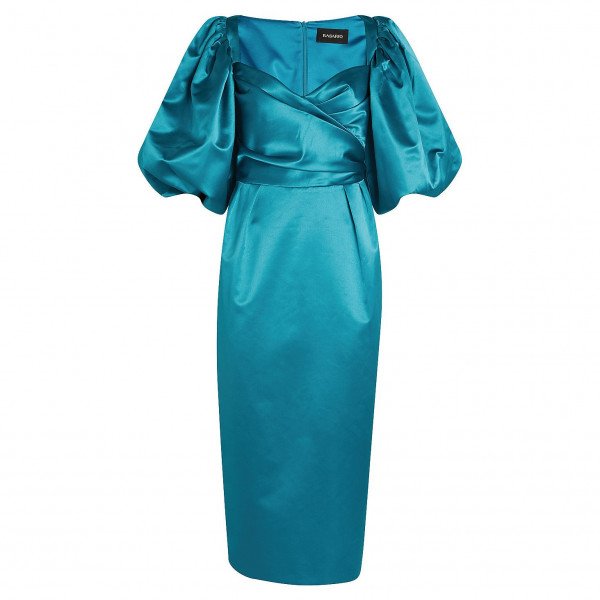 Rent Buy Rasario Satin Puff-Sleeved Midi Dress | MY WARDROBE HQ