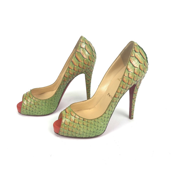 Christian Louboutin Green Exotic-Effect Peep-Toe Heels