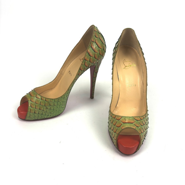 Christian Louboutin Green Exotic-Effect Peep-Toe Heels