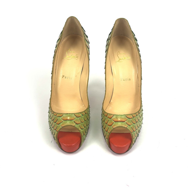 Christian Louboutin Green Exotic-Effect Peep-Toe Heels