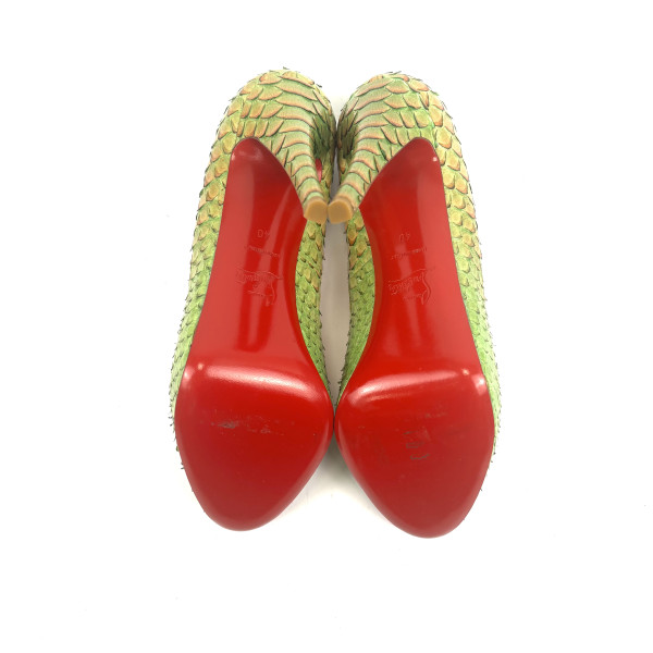 Christian Louboutin Green Exotic-Effect Peep-Toe Heels