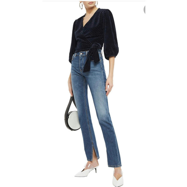 Ganni Navy Velvet Wrap Blouse