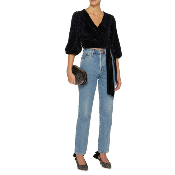 Ganni Navy Velvet Wrap Blouse