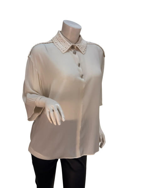 CHANEL Short Sleeve Knitted Collar Blouse in White