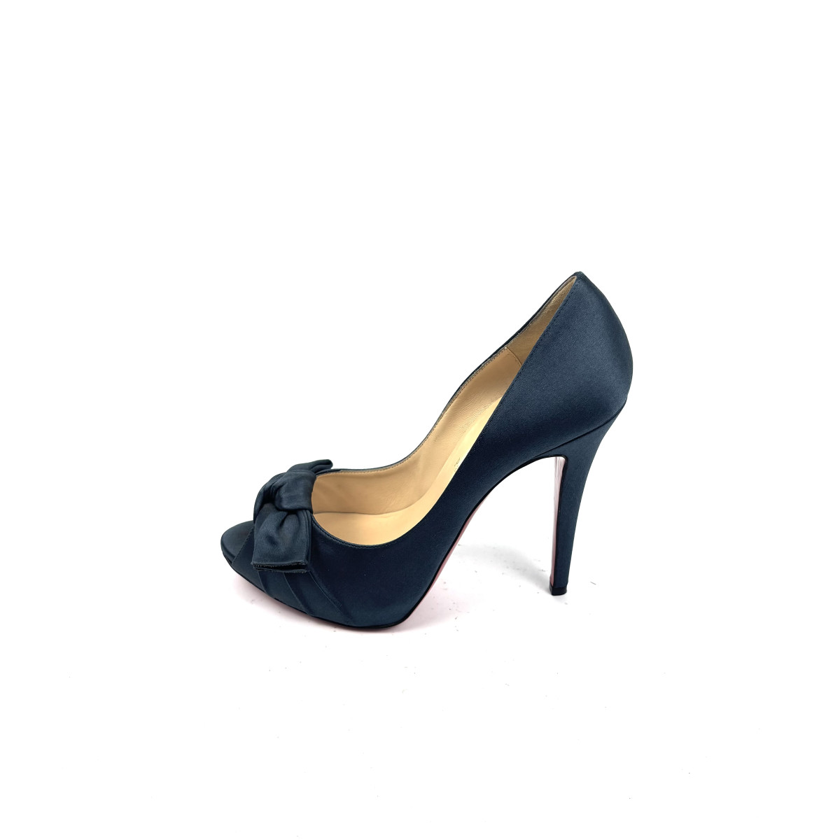 Christian Louboutin Navy Satin Peep-Toe Heels with Bow