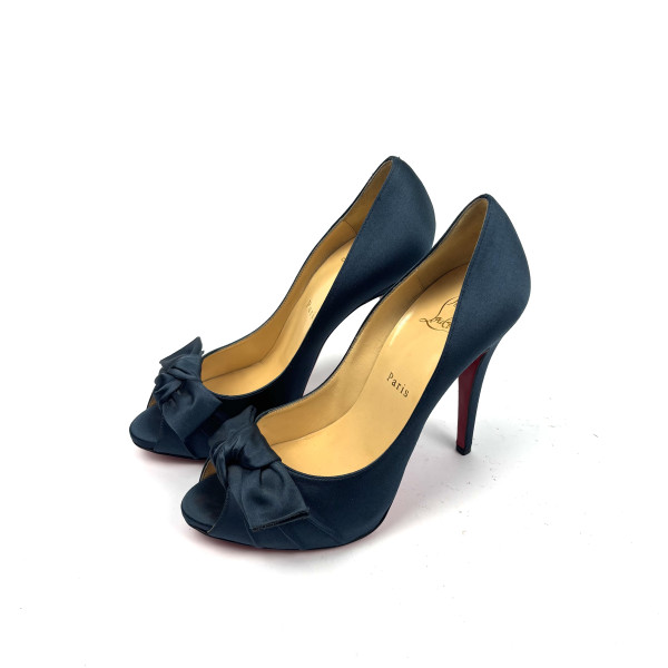 Christian Louboutin Navy Satin Peep-Toe Heels with Bow