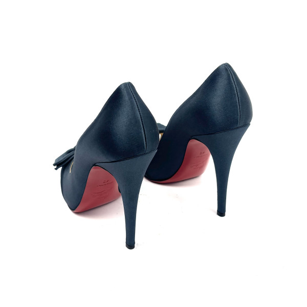 Christian Louboutin Navy Satin Peep-Toe Heels with Bow